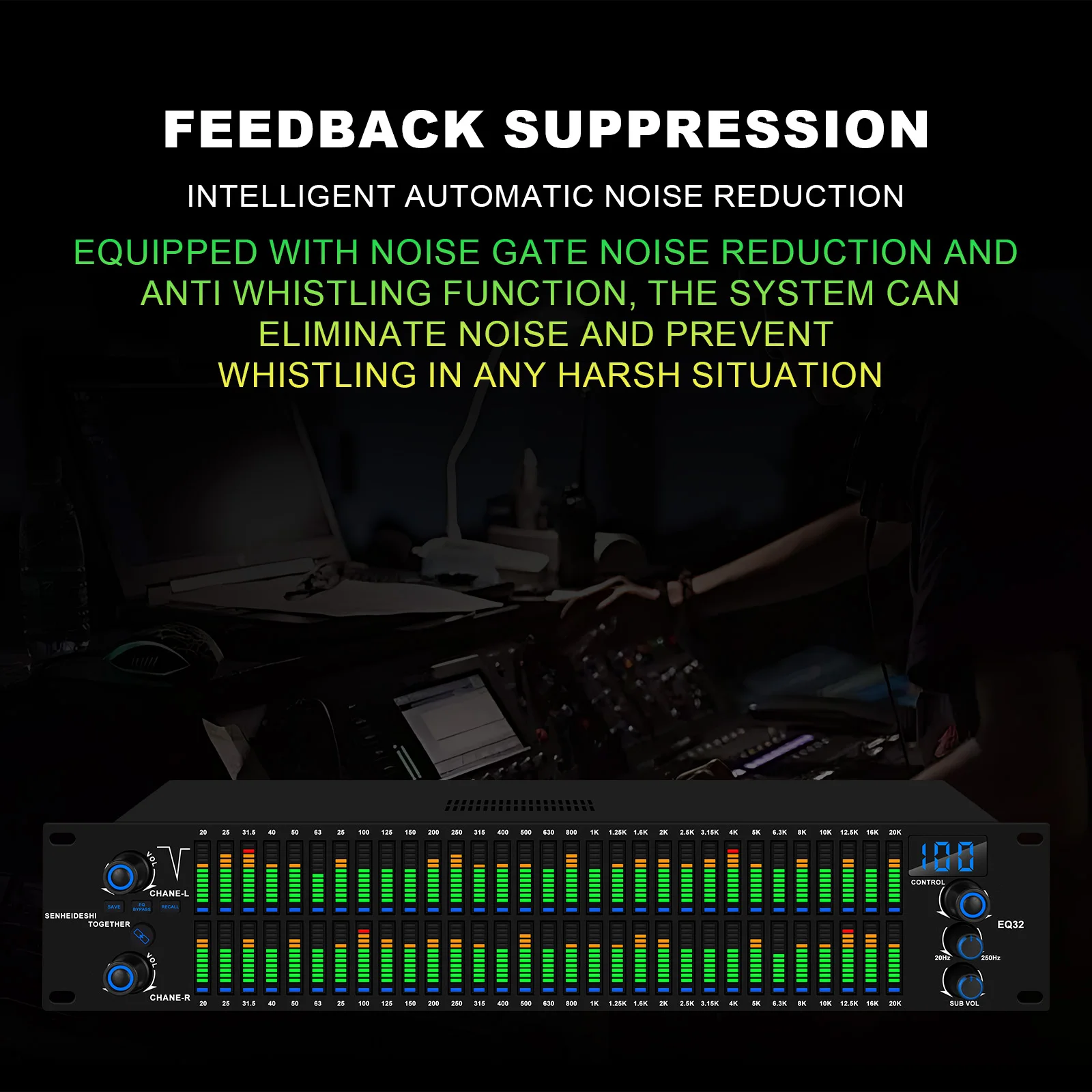 Professionale doppio equalizzatore digitale a 31 segmenti performance bar conferenza scenica Riduzione del rumore KTV e effetto di sintonizzazione