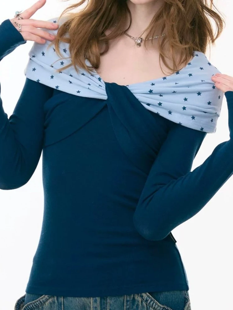 Vintage Star Print O Neck Long Sleeve Slim Contrast Color All Match Knitted Women Clothing