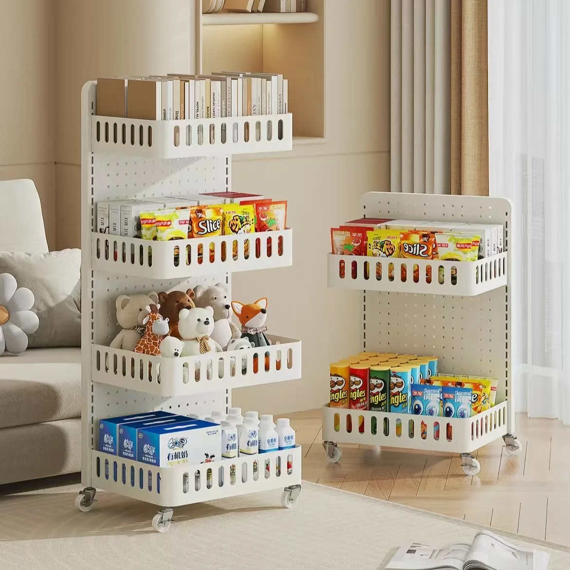 

Мобильная многоуровневая тележка-органайзер для кухни и детских принадлежностей с перфорированной панелью, прочная, из углеродного волокна