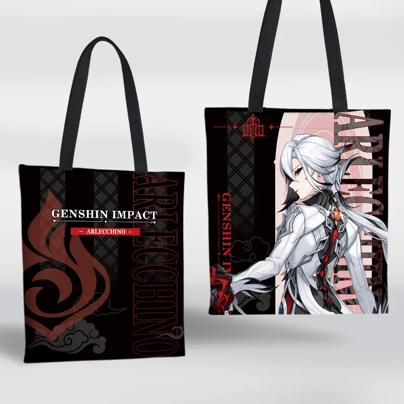 Imagem -04 - Jogo Genshin Impacto Padrão Dupla Face Design Personagem Bolsa de Lona Supermercado Bolsa de Compras Furina Arlecchino Kinich Mualani