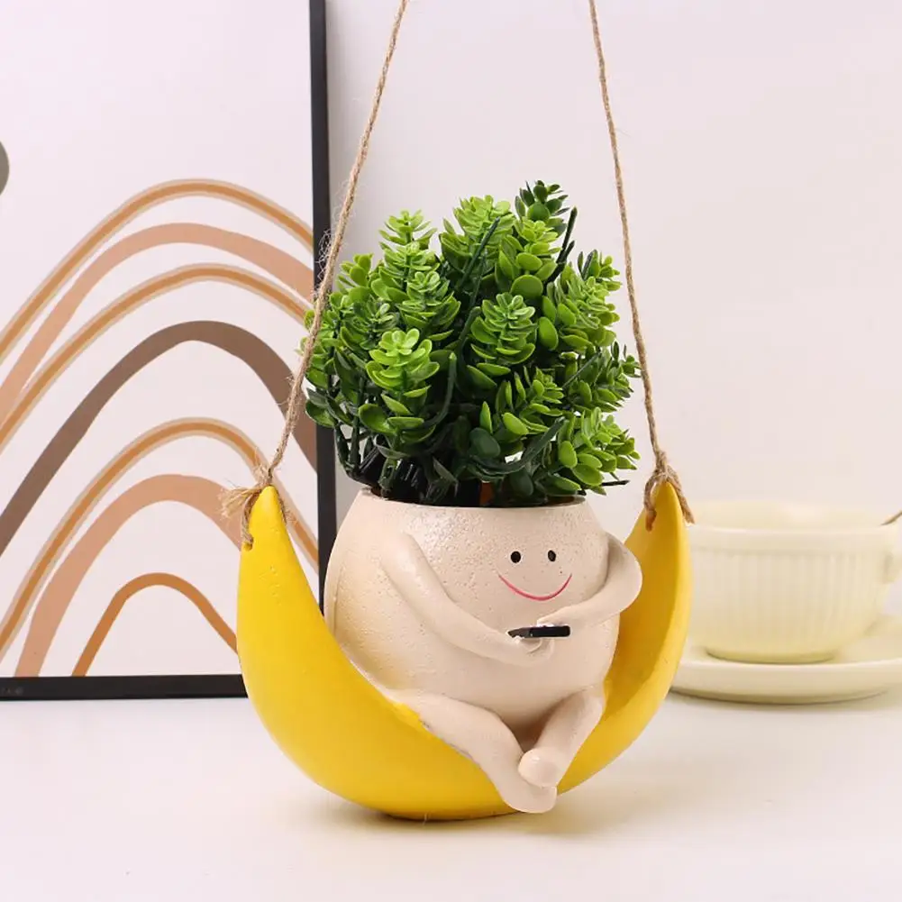 Moon Swing Planter Resin Hanging Face Head Flowerpot Yellow Moon Flower Pot with Drainage Hole for Succulent Indoor Outdoor Plan