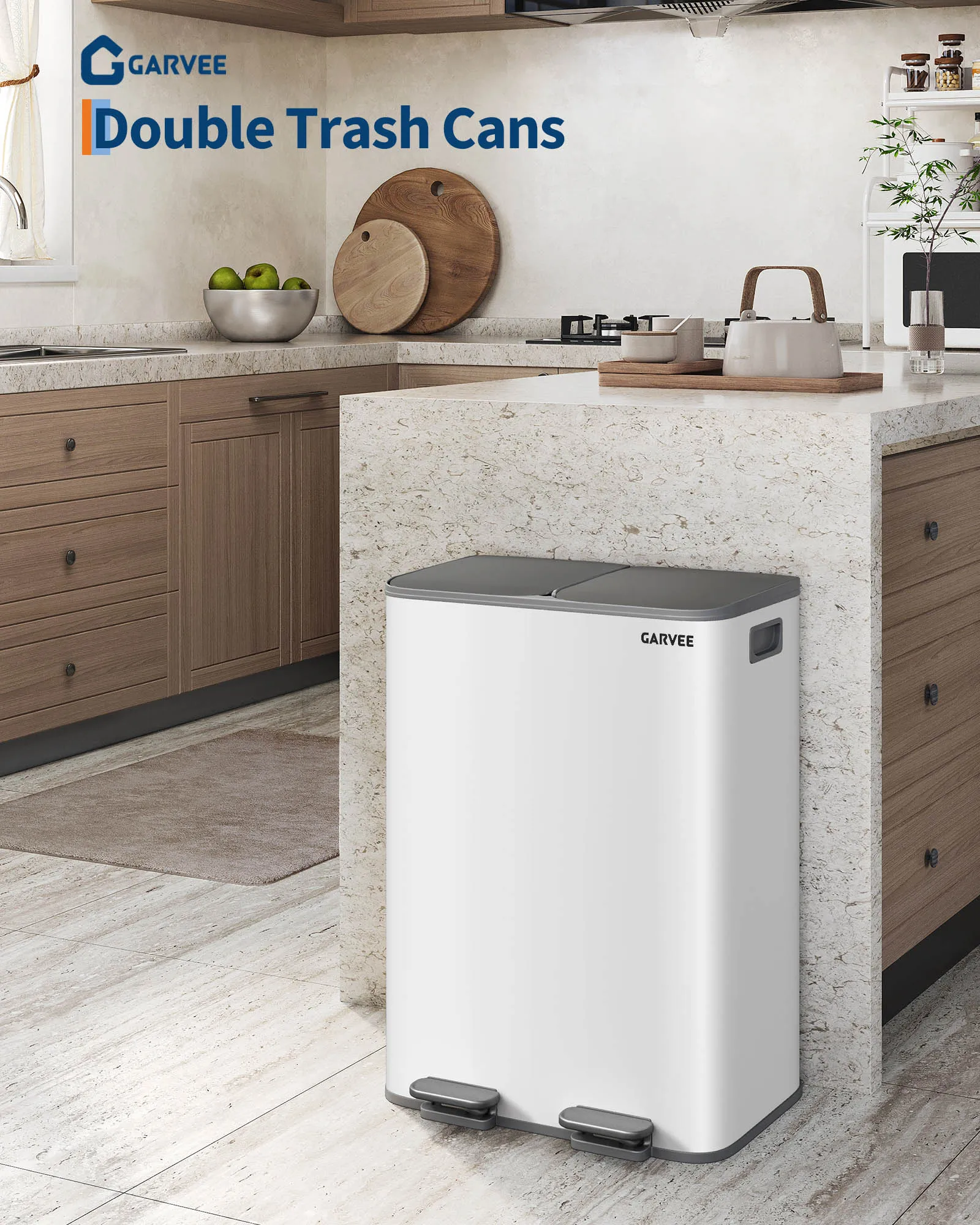 Dual Compartment Kitchen Trash Can Stainless Steel 2x30L Step-On Soft-Close Lid Garbage & Recycling Bin Combo Waste Container