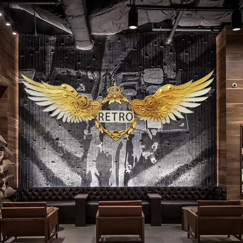 Retro sci-fi style background wall mechanical gear angel wings decoration bar live stream creative steampunk hanging