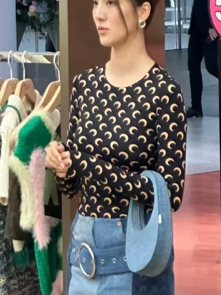 Wu Qanyu Marine Moon Print Long Sleeve Women's Base Shirt Elastic plus Size Set Inner Wear Commute Style OL Fashion Print