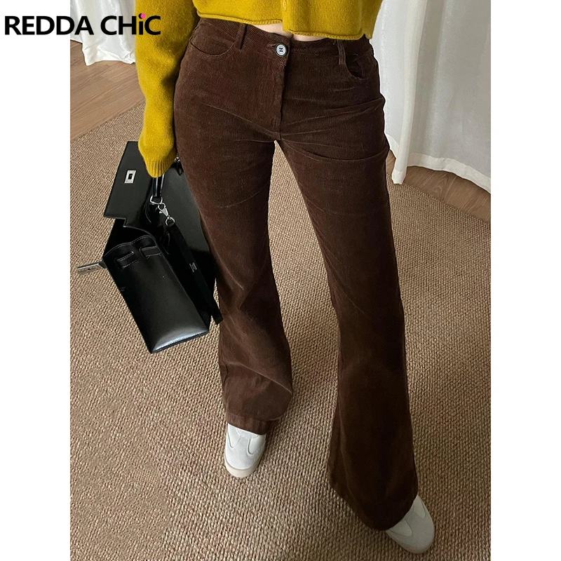 

REDDACHiC Work Casual Corduroy Pants Women Brown Plaid Stretch Slim Fit High Waist Bootcut Long Trousers Autumn Winter Clothes