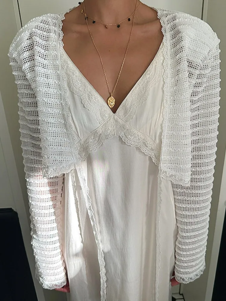 

Ele Heavy Embroidery Layered Open Cardigan Jaet Early Autumn New Splicing Lace Belted Top Women's Sweater Polyurethane ...