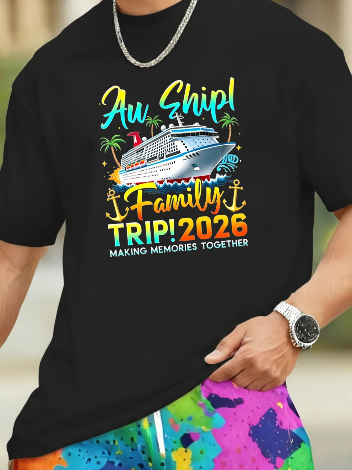 T-shirt en coton JOOCAR Ah Ship Family Trip 2026, pour créer des souvenirs en famille, décontracté toutes saisons, col rond, manches courtes douces, extensibles et respirantes, haut streetwear à imprimé lettres tendance, choix de cadeau idéal pour les fêtes.