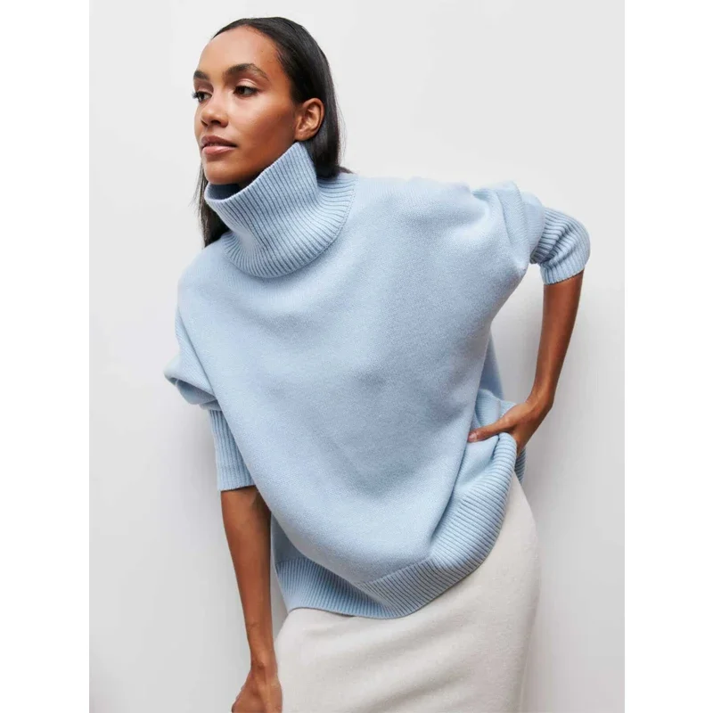 Women's Elegant Loose Mock Neck Solid Color Warm Outerwear Sweater Original Light Luxury O-neck Knit Sweater Autumn and Winter