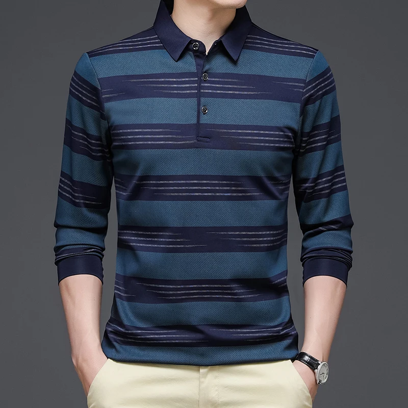 

Fashion Striped T Shirt for Men 2022 Autumn Turn-Down Long Sleeve Men T-shirt Casual Business Slim Fit Oversized Tops