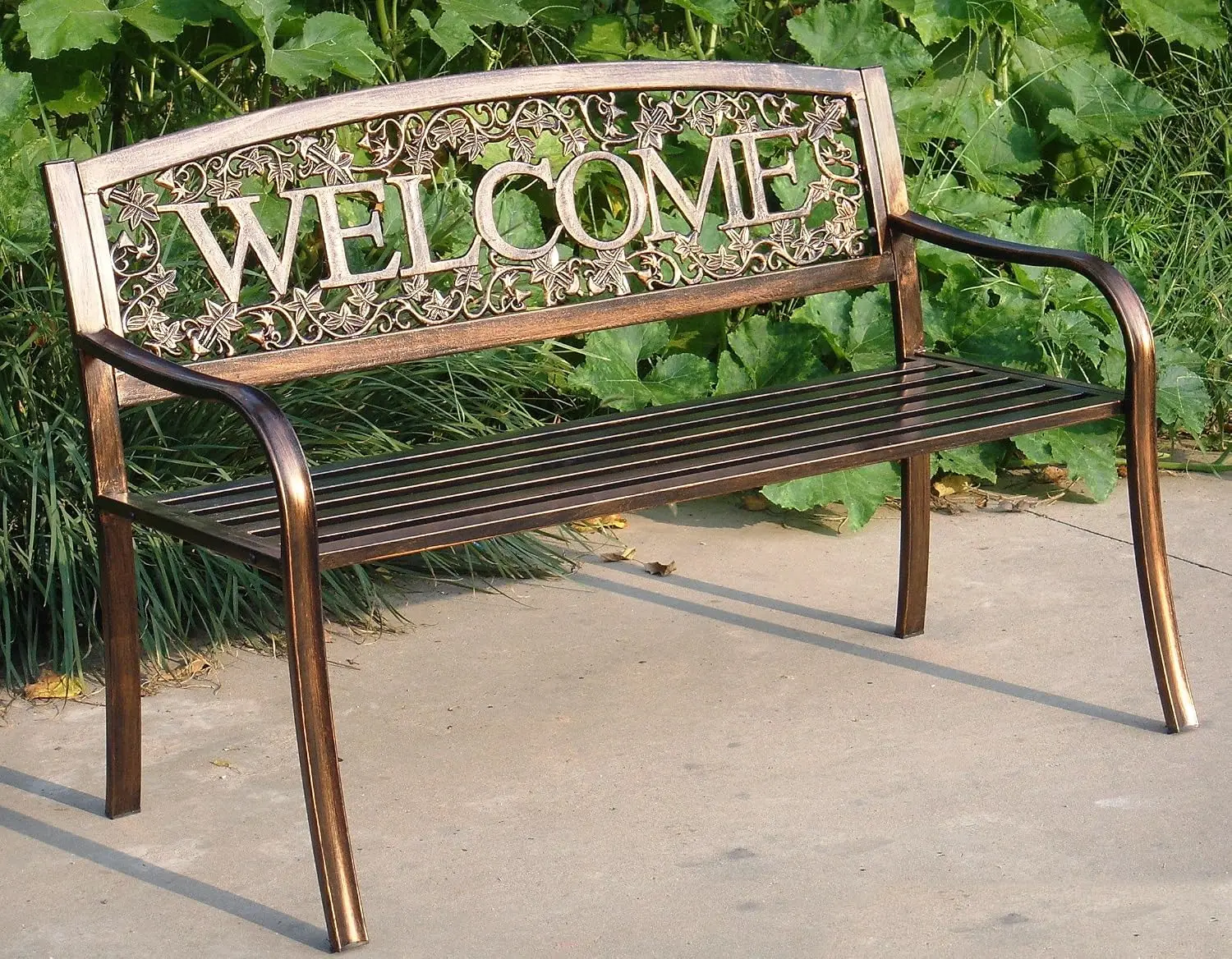 Outdoor Metal Bench with Welcome Design Decorative Patio Porch Bench Garden Park Seating Bench with Sturdy Metal Frame for Deck Backyard Lawn