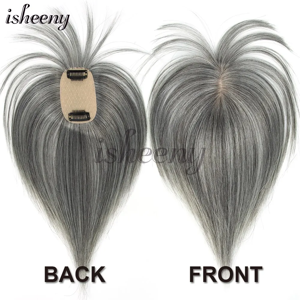 Isheeny Echthaar-Topper-Extensions, Mittelteil mit Pony, glatte Haarteile, glattes Mischen, 5 x 9 cm Basisnetz
