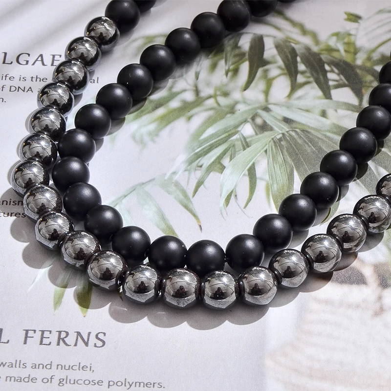 8mm Mattle Black Onyx with Hematite Beaded Long Necklace Jewelry for Men and Women