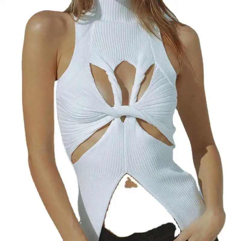 Sexy onregelmatig mouwloos uitgehold gedraaid wollen vest voor damesmode semi-hoge hals effen kleur blootgestelde navel top