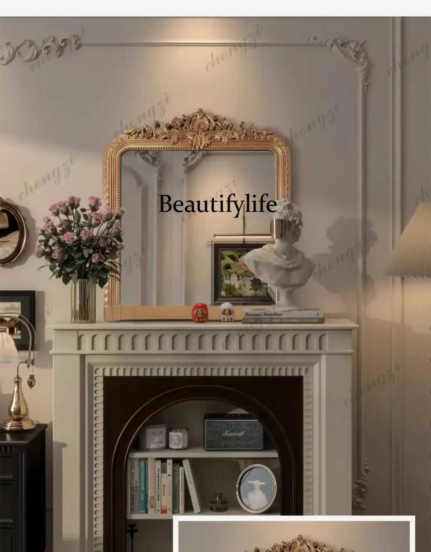 04French wall fireplace decorative bathroom wall hanging bathroom European mirror