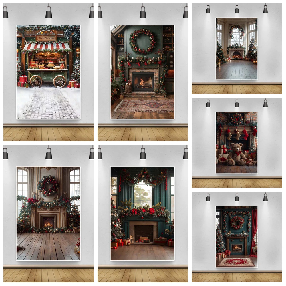 

Vertical Christmas Wreath Backdrop Custom Tree Window Fireplace Sock Photography Background for Adult Birthday Party DecorPoster