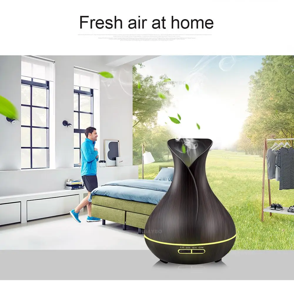 400ml Aromatherapy Essential Oil Diffuser Wood Grain Remote Control Ultrasonic Air Humidifier Cool with 7 Color LED Light