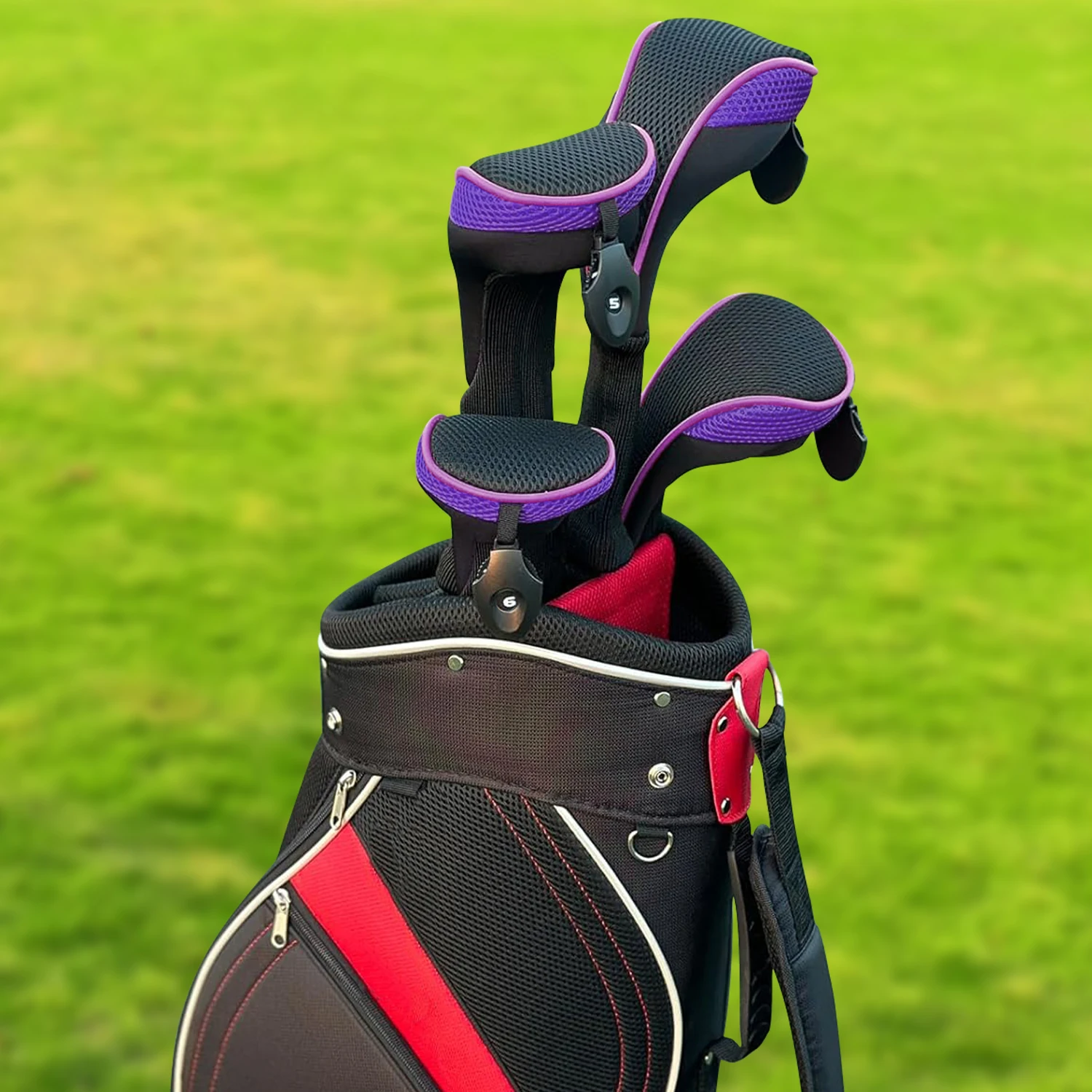 1PC/4PCS Hybrid Golf Headcover, Mesh Spliced Black Purple Club Protector with Rotatable Number Tag, Fits Golf Clubs