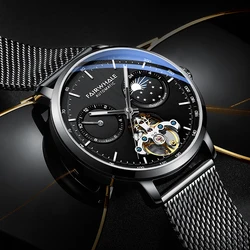 FAIRWHALE Original Tourbillon Watch for Men Mechanical Waterproof Black Steel Luxury Top Brand Skeleton Wristwatch reloj hombre