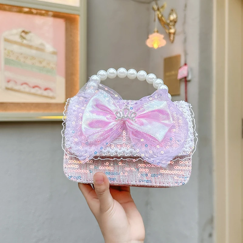 Children\'s Sweet Bow Small Shoulder Bag Fashion Pearl Handle Girls Crown Crossbody Bags Lovely Baby Kids Clutch Purse Handbags