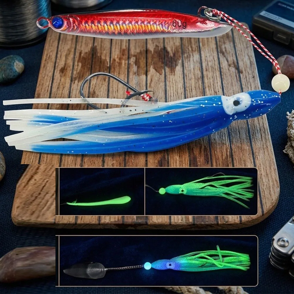 

For Night Fishing Blue Slow Pitch Jig Ready To Fish Setup Fishing Lure Metal Fishing Lure Glow-in-the-Dark Body