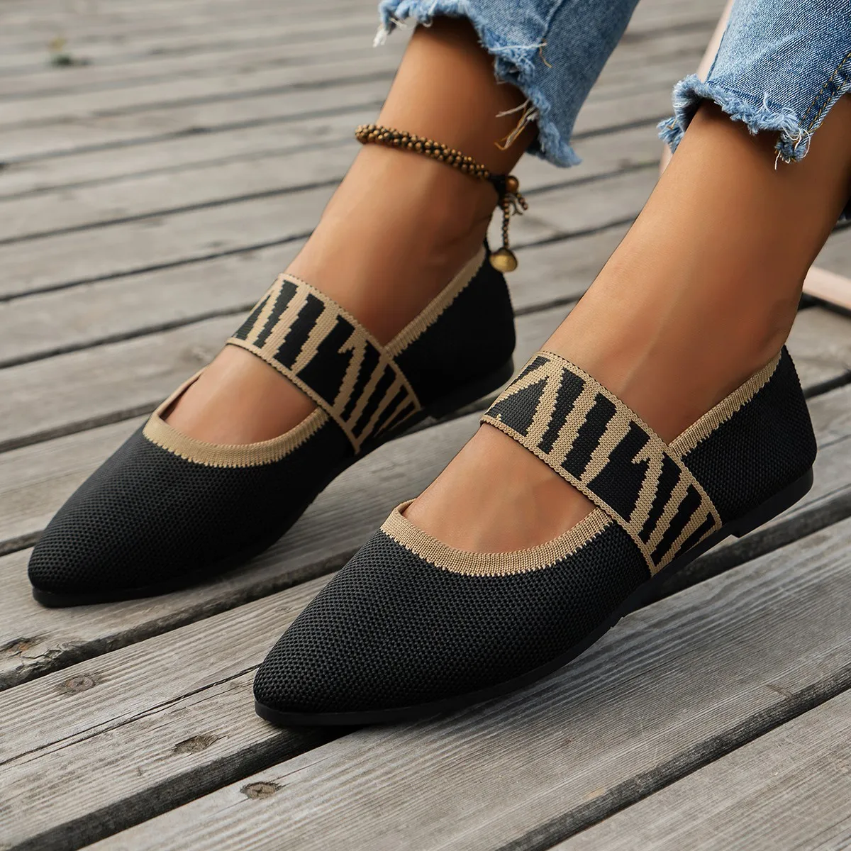 

Knitted Color-block Women's Flat Shoes Dressy Ballet Flats Casual Striped Straps Pointed Toe Loafers Female Daily Shoes Big Size