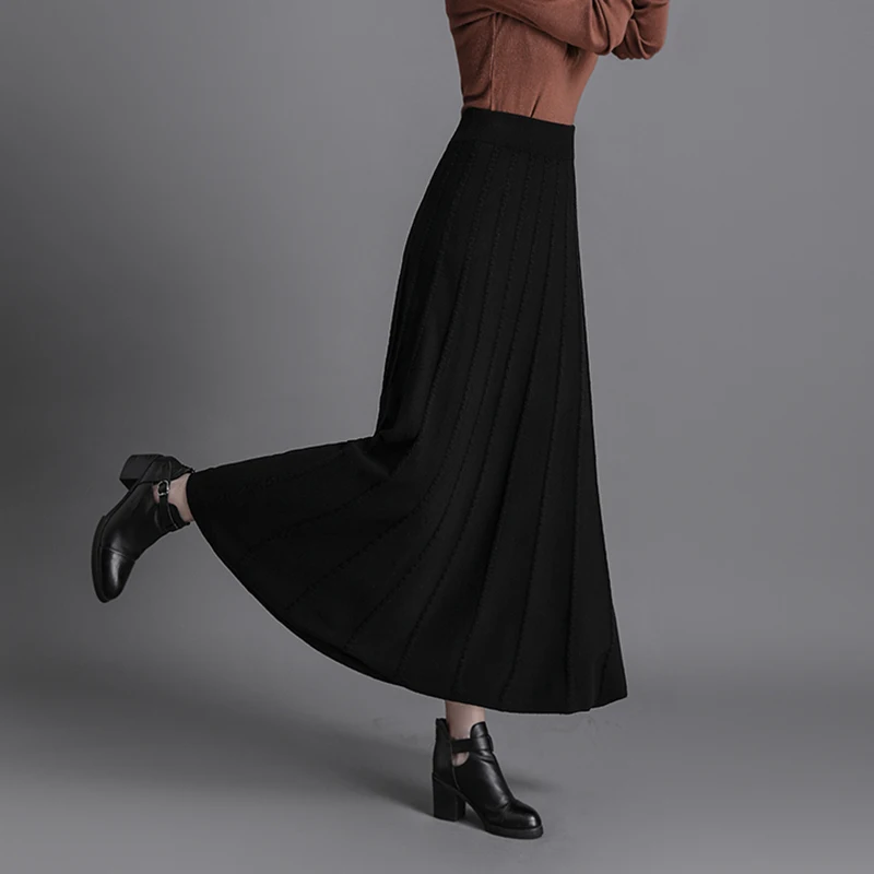 Elastic Waist Warm Thicken Knitting Maxi Skirt Woman 2023 Elegant Fashion Big Swing Winter Saias Longas Knitted Clothing