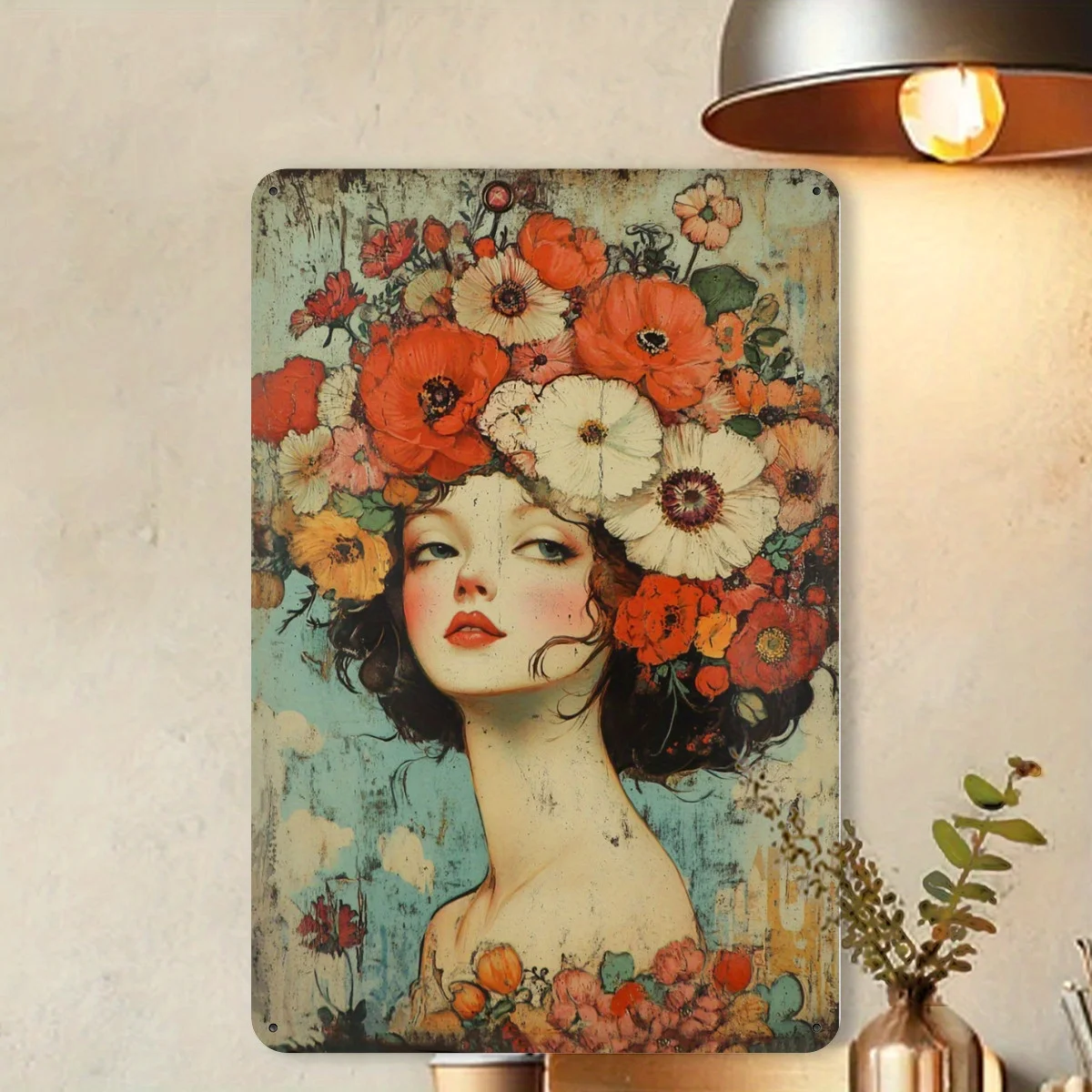 1PC Charming Vintage Garden Lady Headdress Metal Tin Sign - Perfect for Home Bar Cafe and Garage Decor 8x12 Inch