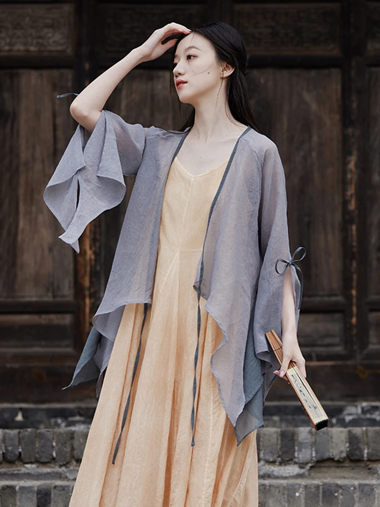 Summer Women's Ultra-lightweight Asymmetrical Sun Protection Shirt Belted Outerwear V-neck Short Coat Original Design Loose Fit