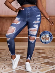 Plus Size Women's Clothing Elasticity Casual Leggings Imitation Denim Printed with Ripped Pattern  Fashion Skinny Pants Big