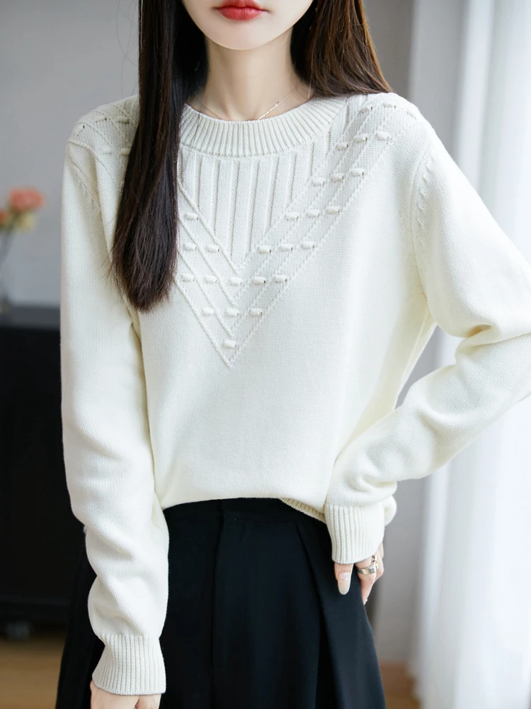 Thiened malhas de algodão puro de sete agulhas redondas ne suéter solto feminino casual sle longo sve outono primavera inverno top