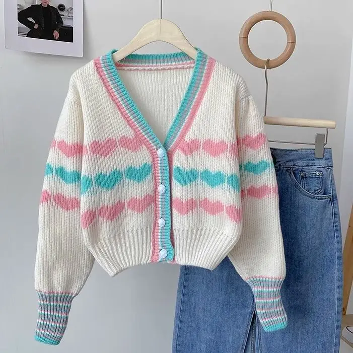 Knitted Cardigan Striped Color Block Love Jacquard V-Neck Bat Sleeve Short Women'S Autumn And Winter New Korean Style Sweater