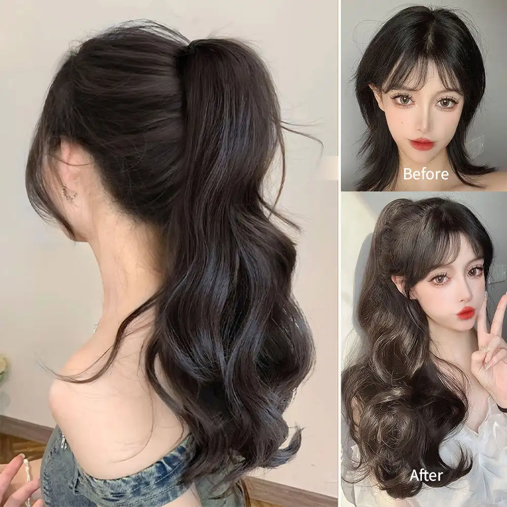 Natural Women Fluffy Long Curly High Ponytail Grab Clip Wig Hottie Girls Invisible Waves Horsetail Extensions