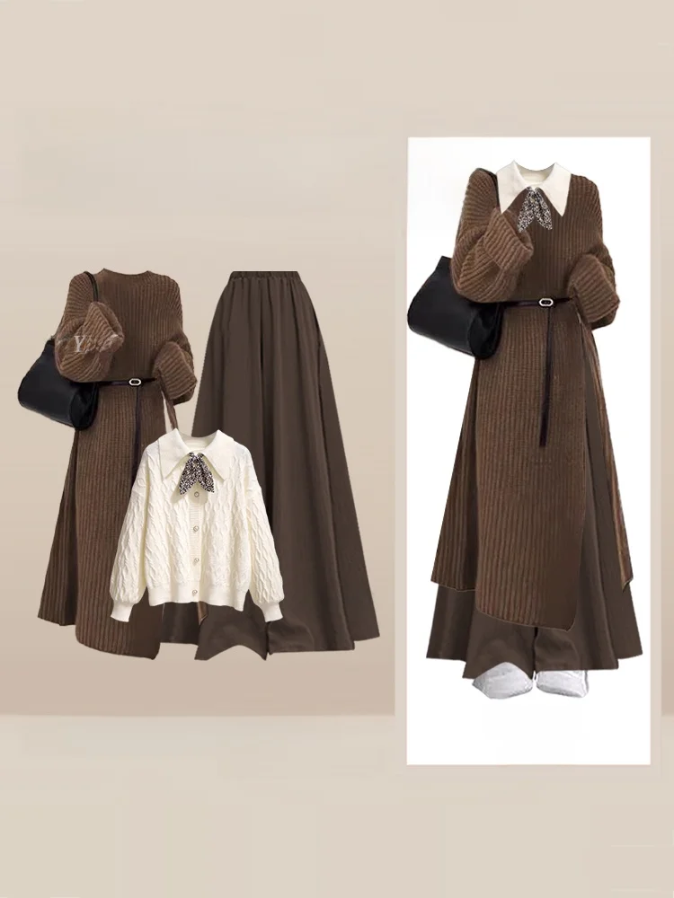 

Зимний повседневный вязаный комплект свитеров, женские длинные брюки с высокой талией, облегающая внутренняя футболка, ансамбль, модная свободная футболка...