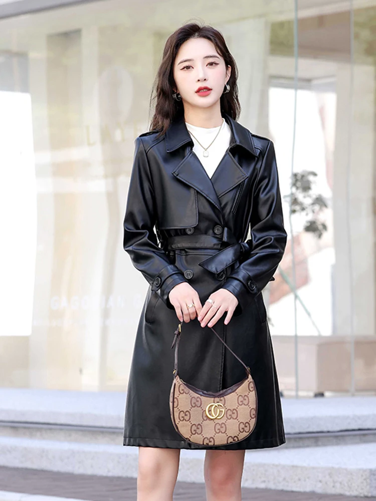 하이닝 천연 가죽 코트 여성용 중간 길이 2025년 신상 봄 가을 슬림핏 엘레피스킨 윈드브레이커 자켓