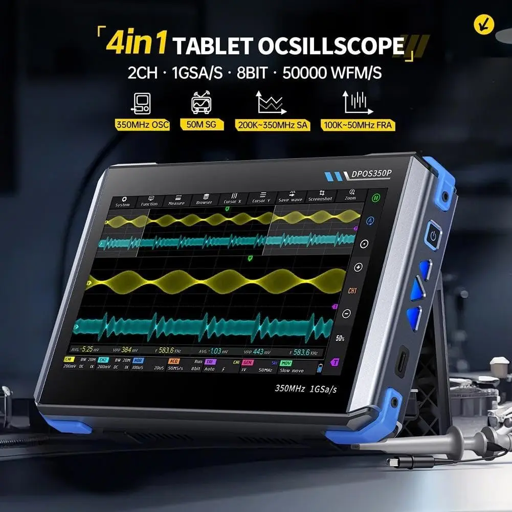 

DPOS350P 4-in-1 350MHz 1GSPS Tablet Oscilloscope Signal Generator Spectrum Analyzer Frequency Response Analyzer