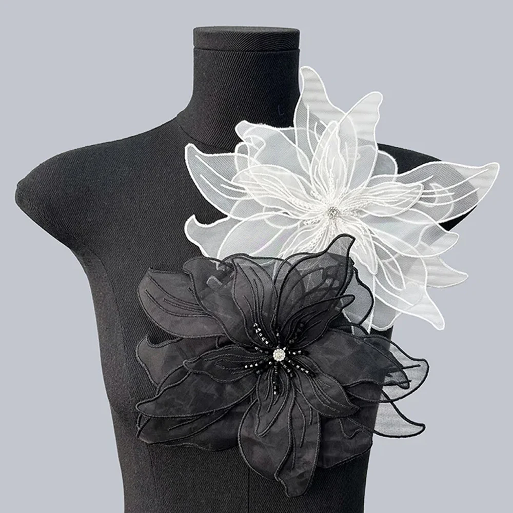 Parche de flores grandes de Organza de múltiples capas para mujer, apliques de cuentas de diamantes de imitación, decoración de ropa de vestido de novia, accesorios de moda