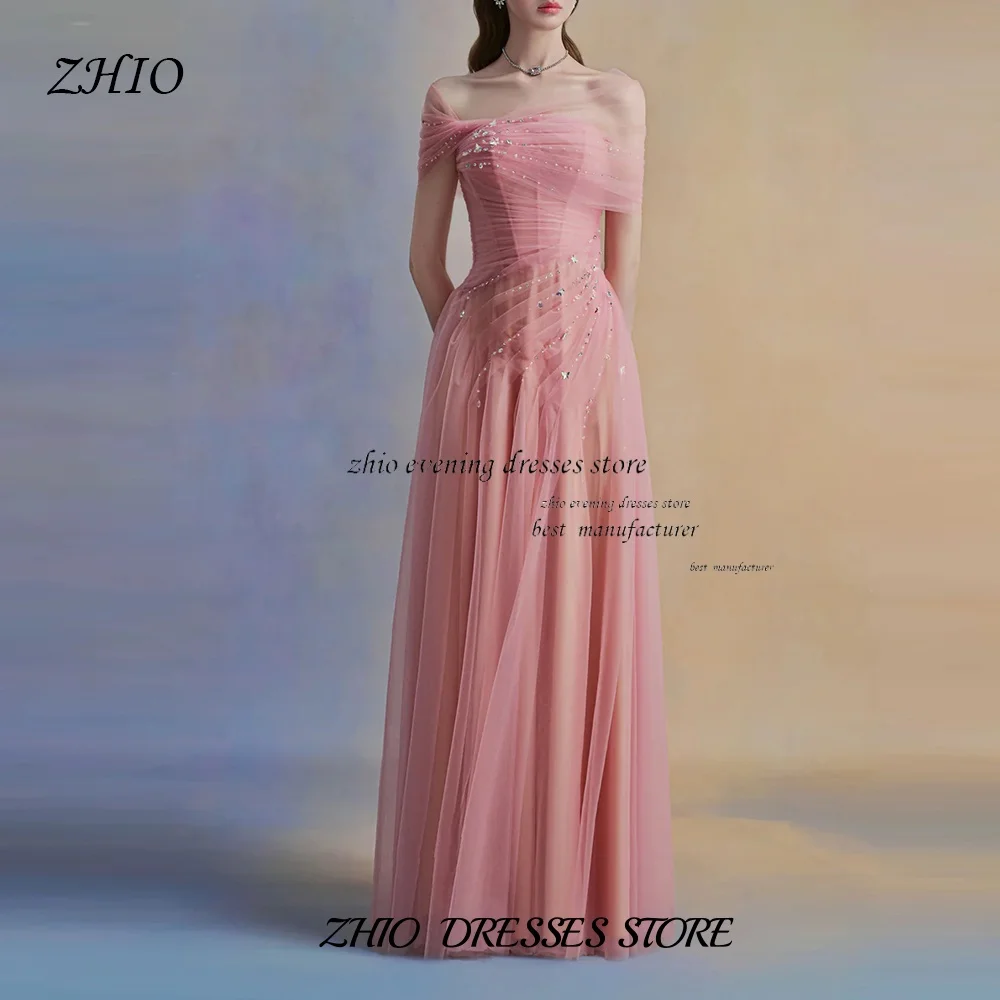 ZHIO 韓国非対称チュール A ラインのブライダルドレス結婚式ビーズストラップレスコルセット女性のイブニングドレス長袖フォーマルドレス