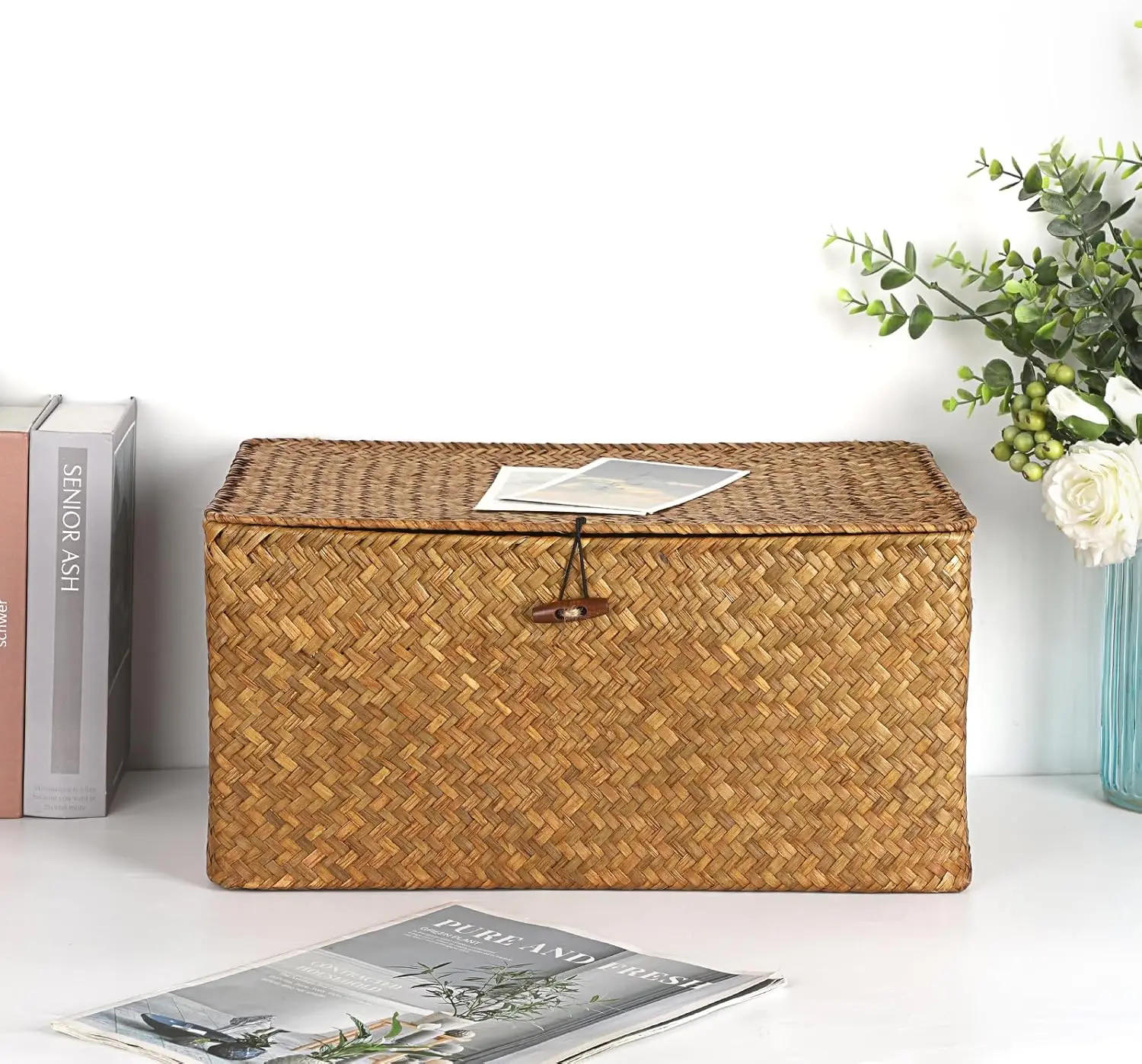 Wicker Shelf Baskets Bin with Lid, Handwoven Seagrass Basket Storage Bins Rectangular Household Basket Boxes for Shelf Wardrobe
