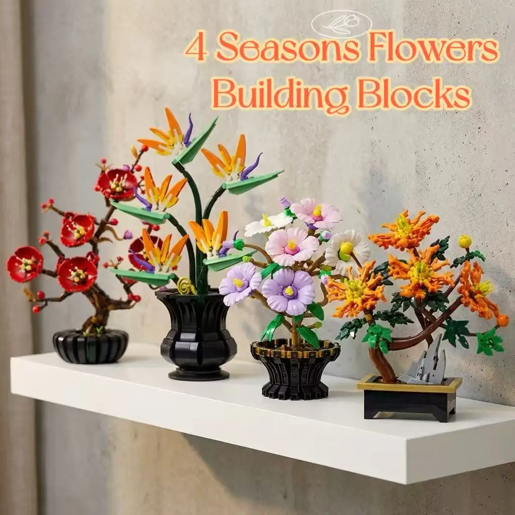 

4 Seasons Flower Building Blocks Set Botanical Collection Plum Rose Chrysanthemum Bird of Paradise 3D Puzzle DIY Home Decor Gift