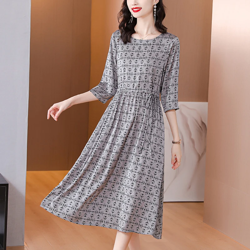 

Women Floral Chiffon Silk Dress O-Neck Midi Dress 2024 Fashion Light Casual Party Dress Summer New Elegant Loose Waist Dress