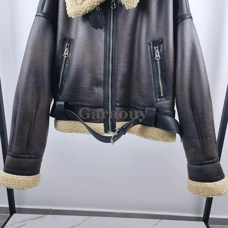 Garaouy 2023 Winter Women Faux Leather Lambswool Motorcycle Jacket Lapel Short Double Sided Coat Female Thickened Warm Outwear