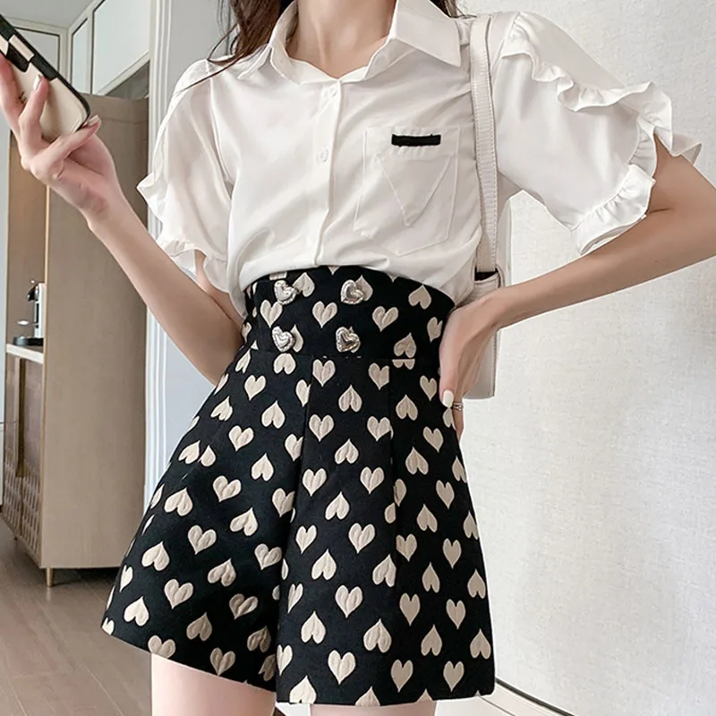 Casual Pants Love Jacquard Loose High Waist A-Line Wide-Leg Shorts 2022 Summer New Korean Fashion Women'S Clothing