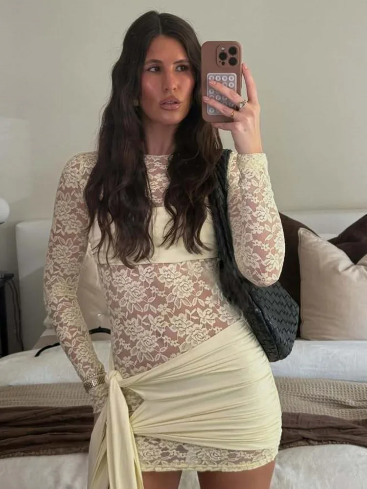 Articat sexy renda retalhos fita dupla camada vestido feminino elegante manga comprida ver através da saia apertada festa vestido de noite