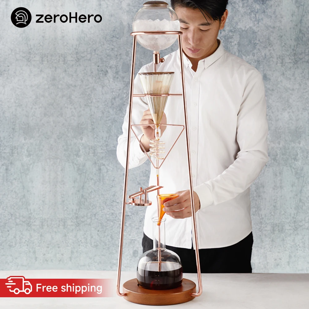 zeroHero Dingyuan MAX 2.0 Ice Drip Coffee Maker 900mm Shishi Odoshi Brass Valve Walnut Base for Popular Commercial Cafe X