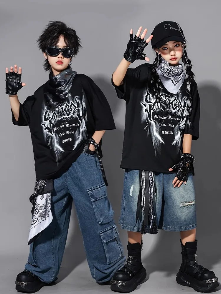 2025 Kinder Jazz Dance Kostüm Mädchen Denim Weste Hosen Jungen Street Dance Performance Kleidung Sommer Kurzen Ärmeln Anzug BL16125