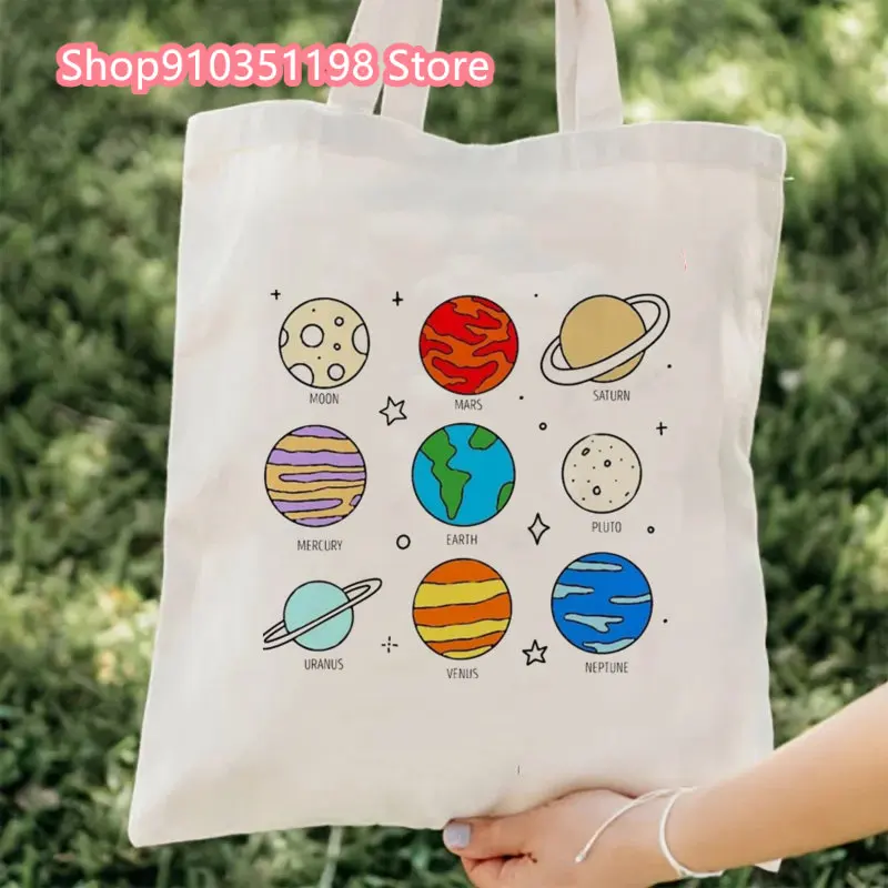 Solar System Planets Canvas Tote Bag for Women 2024 Designer Handbag Lady's Shopper Retro Cartoon Print Girls Shoulder Bag image 2