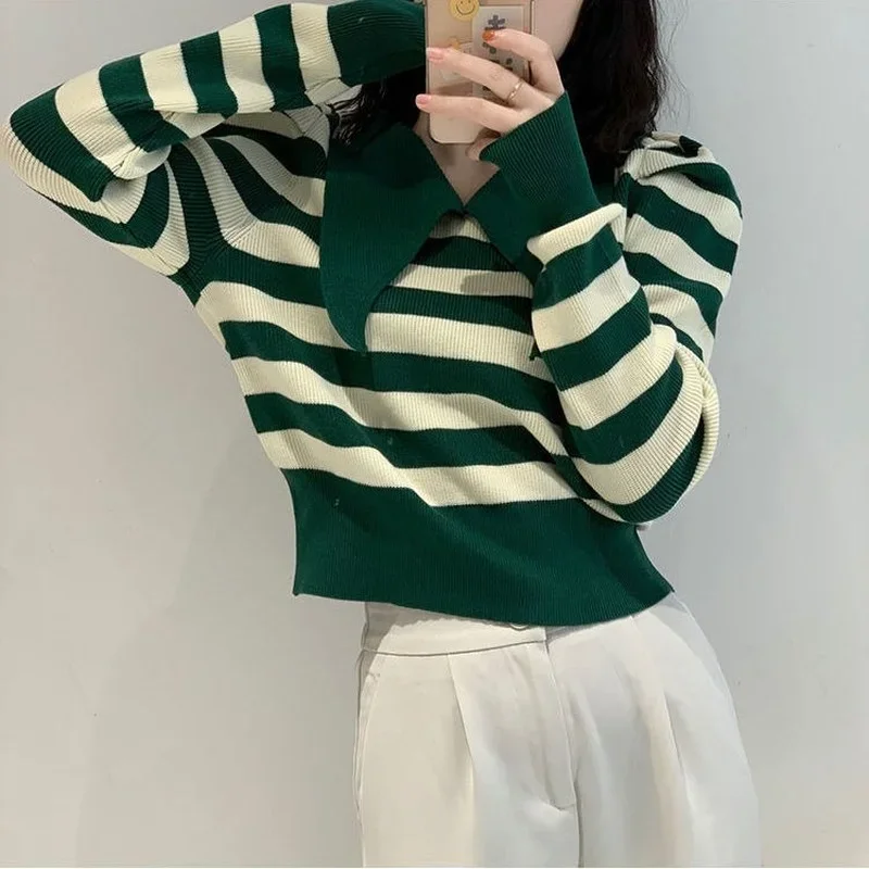 Women Striped Peter Pan Collar Leisure Skinny All-match Tender Korean Style Knitwear College Female Cozy Crop Sweater