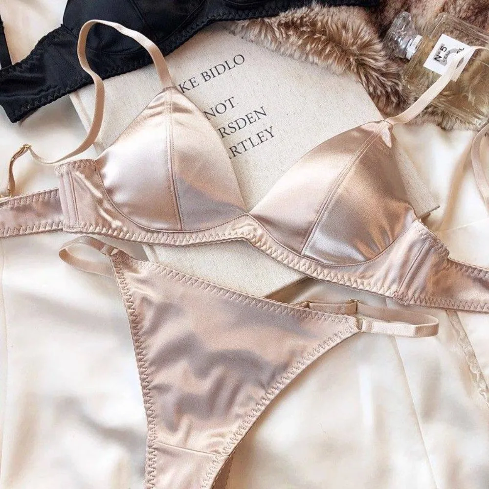 French sexy triangle cup underwear women's thin collection anti-sagging no steel ring comfortable non-marking satin bra set S-XL