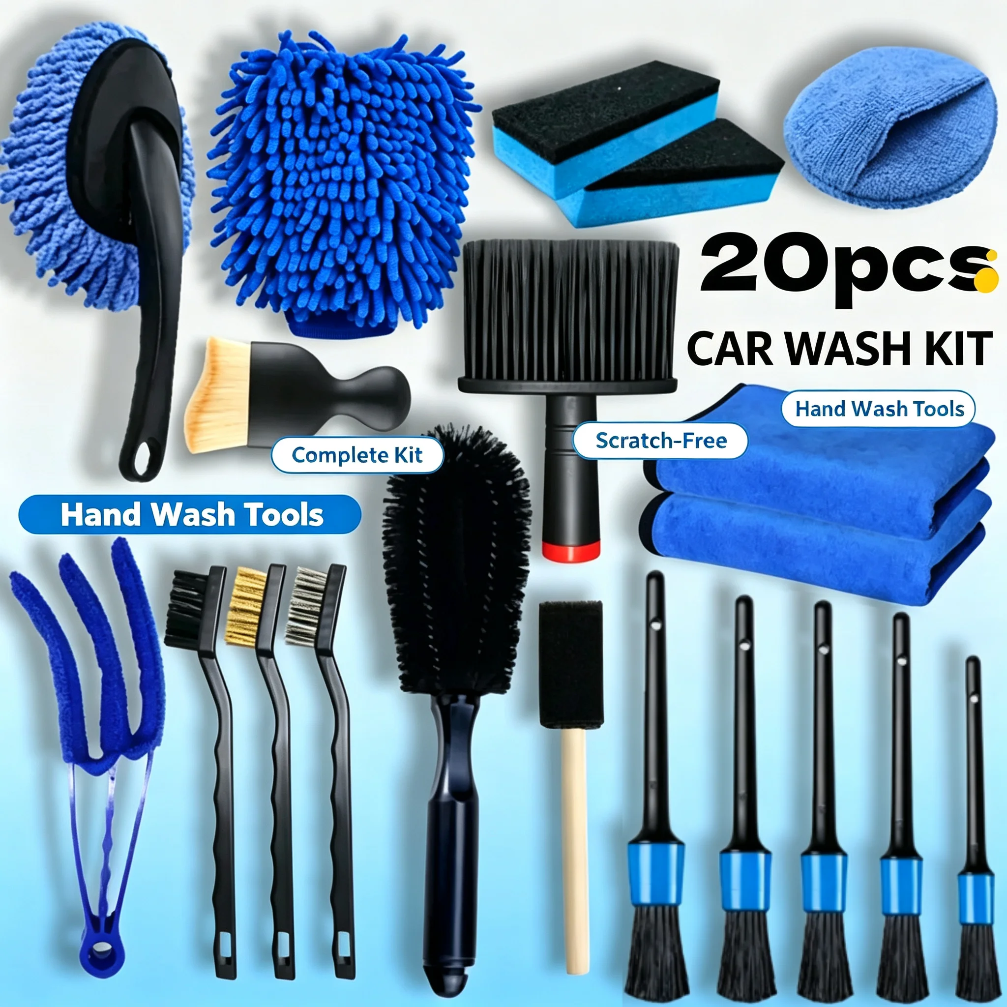 20Pcs All‑Round Car & Motorcycle Cleaning Kit Dust Brush Wheel Brush Short Long Handle Vent Brushes  Manual Auto Care Tools