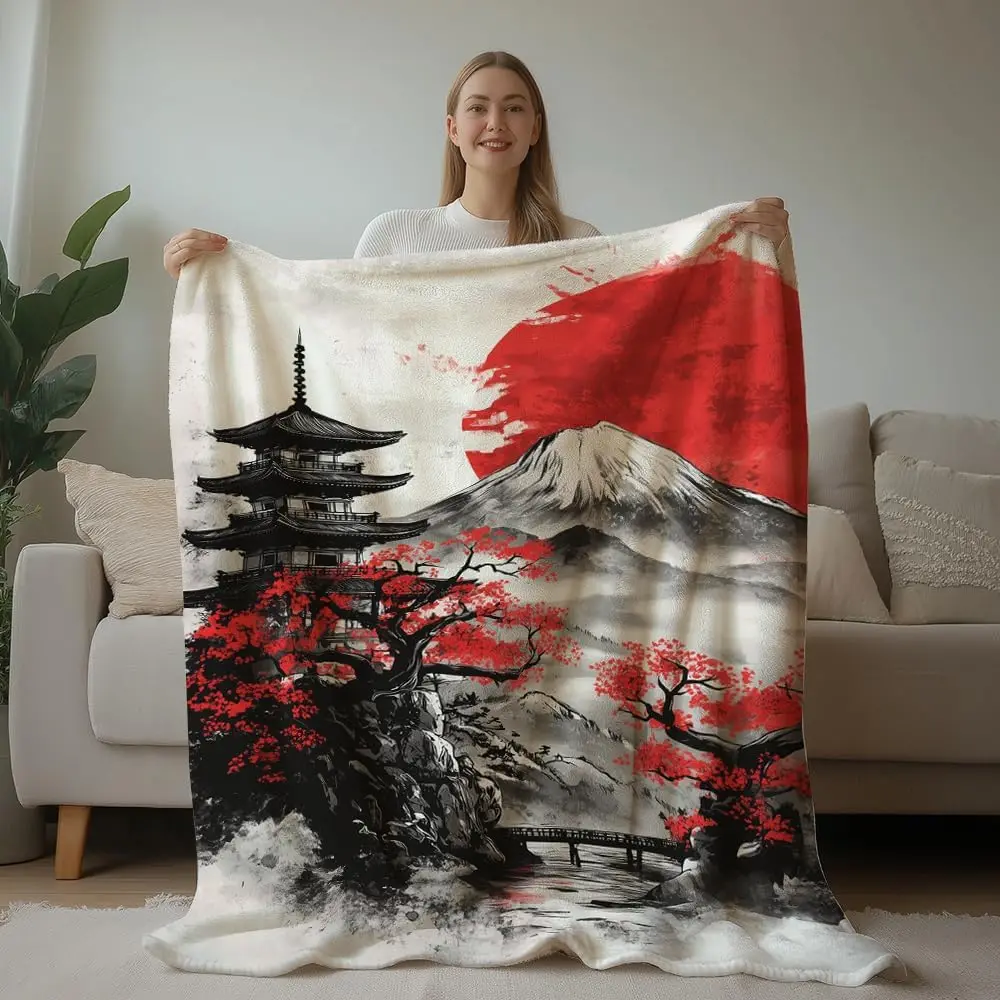 Japanese Ink Fuji Mountain Pagoda Red Plum Big Red Sun Watercolor Print Warm Blanket For Bedroom Sofa Camping Daily Home Use